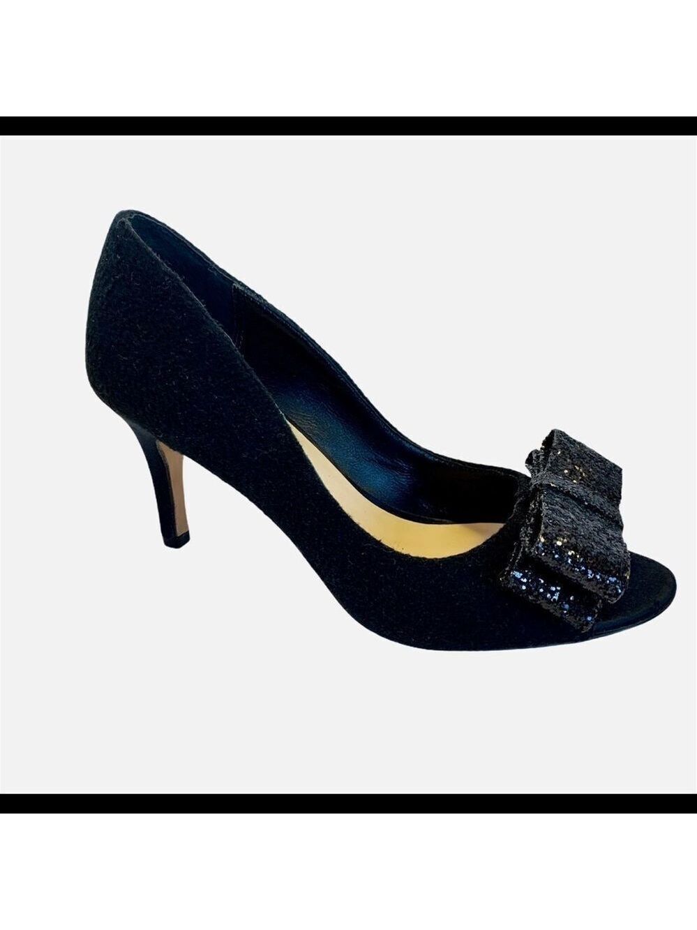 Kate Spade black glitter bow peep toe heels size 7 - Picture 2 of 6